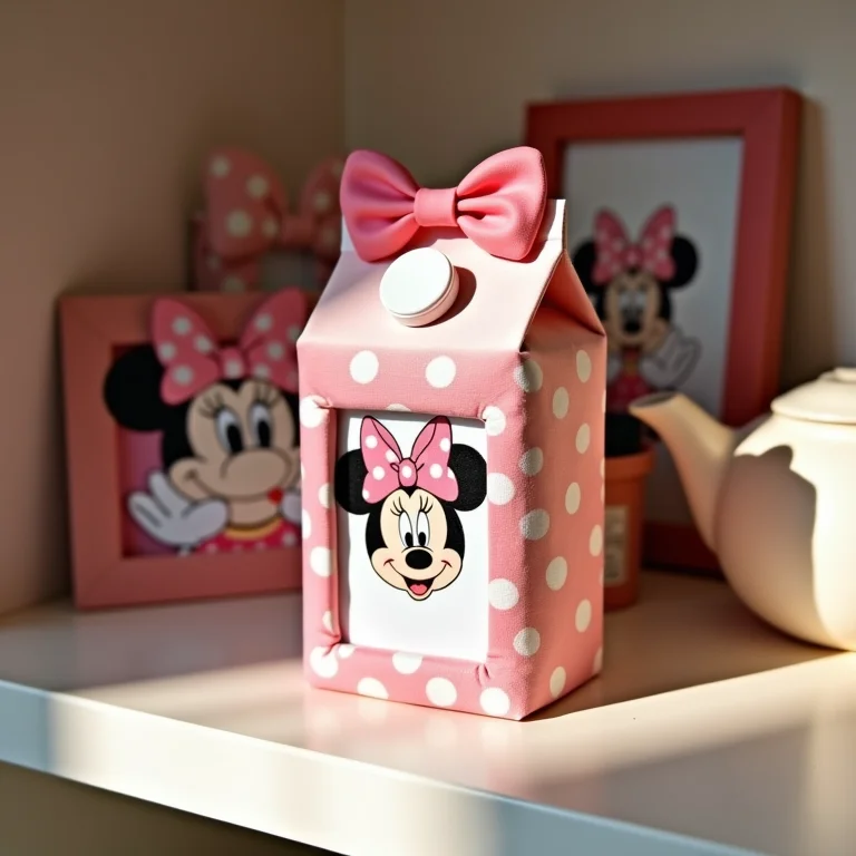 Lata de leite decorada com tema da Minnie usada como porta-retrato.