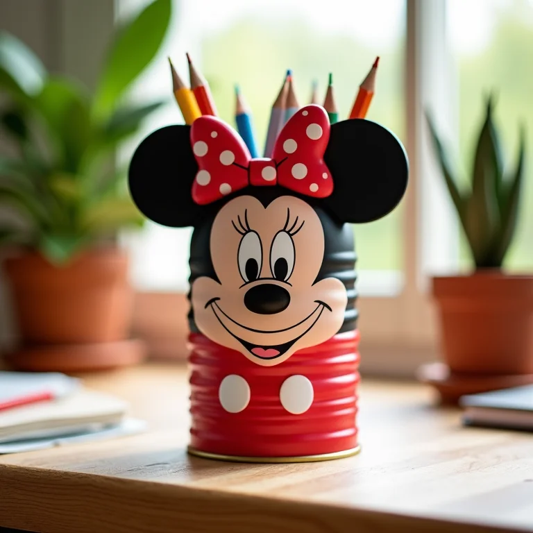 Lata de leite decorada com tema da Minnie usada como porta-trecos.