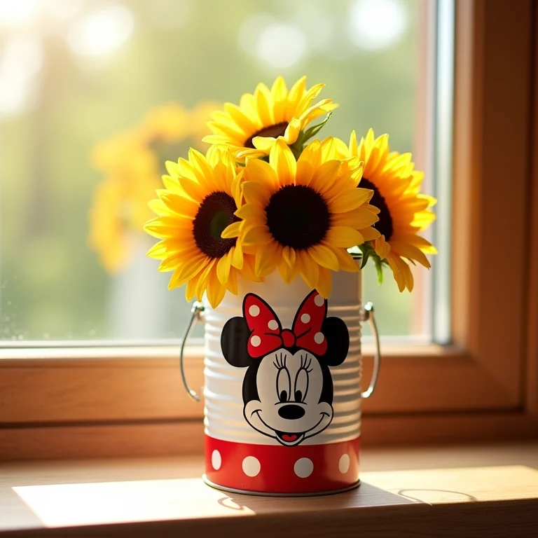 Lata de leite decorada com tema da Minnie usada como vaso de flores.