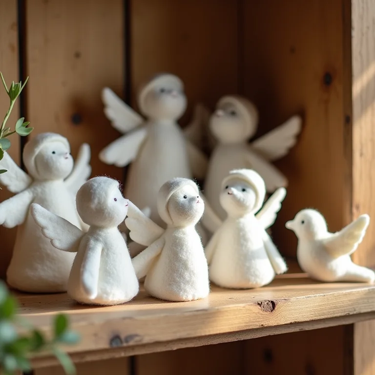 Lembrancinhas de batizado em feltro prontas em prateleira de madeira