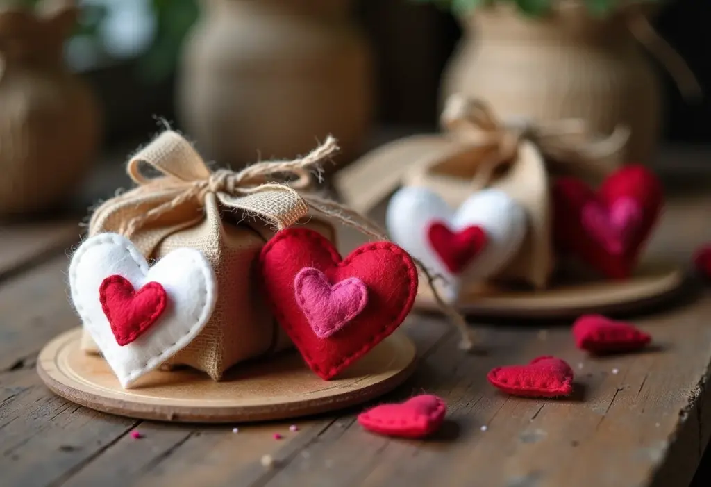 Lembrancinha de casamento em feltro: Ideias fáceis e baratas Lembrancinhas de casamento rústicas em feltro em mesa de madeira