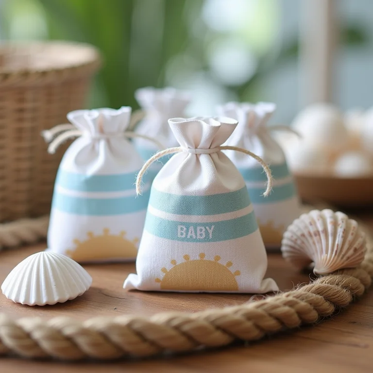 Lembrancinhas de chá de bebê com tema náutico artesanais sobre uma mesa de madeira com conchas e cordas