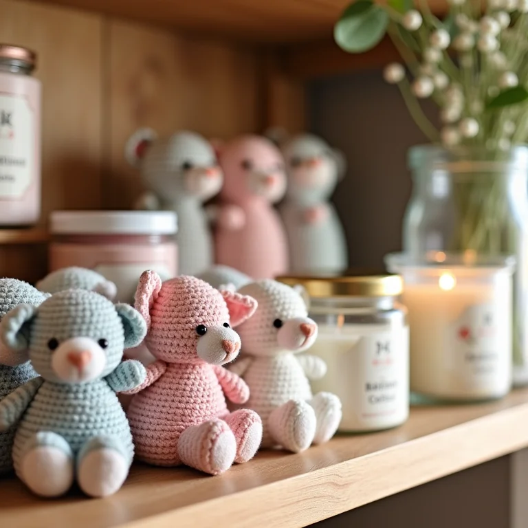 Lembrancinhas de chá de fralda artesanais em prateleira de madeira