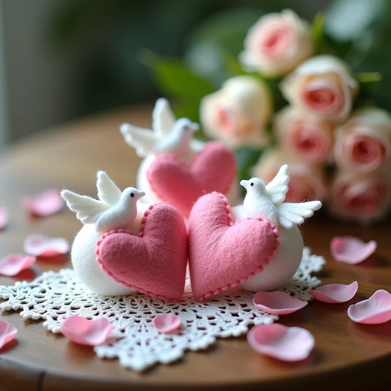 Lembrancinhas de feltro delicadas para casamento com detalhes em renda