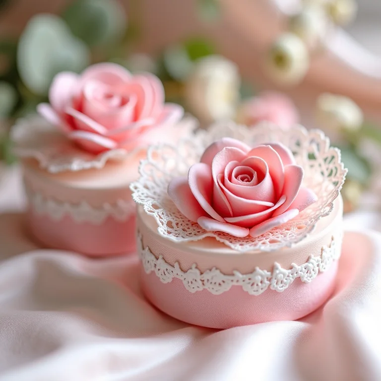 Lembrancinhas românticas de casamento em feltro com rosas e detalhes em renda