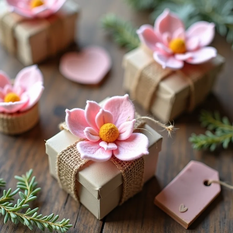Lembrancinhas rústicas de casamento em feltro com flores e tags de madeira