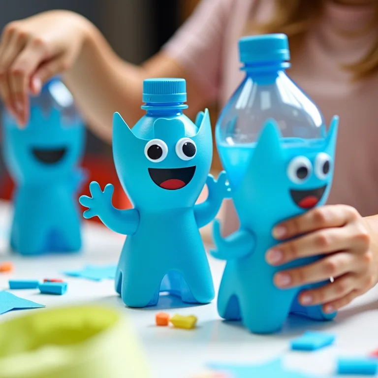 Lembrancinhas temáticas para festas feitas com garrafa PET decoradas com tema alienígena azul.