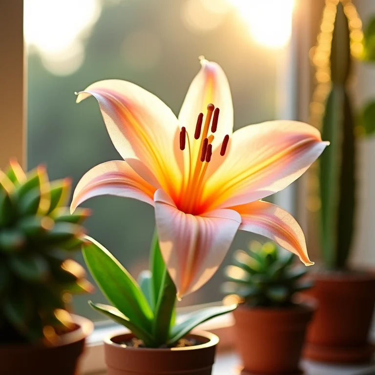 Lírio de papel vegetal branco em prateleira com suculentas.