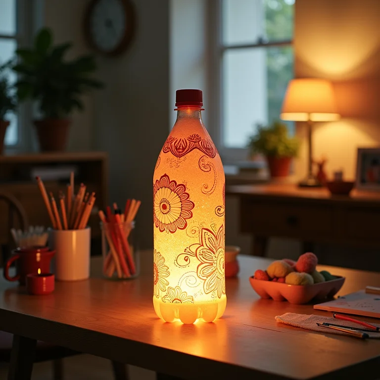 Luminária decorativa feita com garrafa PET pintada com padrões intrincados, iluminando um ambiente.