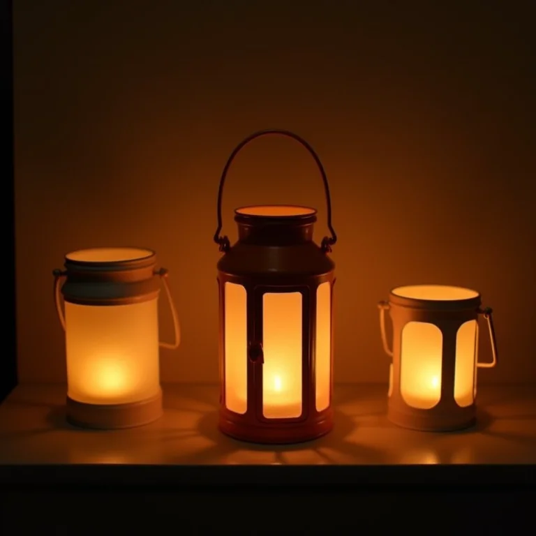 Luminárias e castiçais aconchegantes feitos com latas de leite recicladas, emitindo um brilho quente.