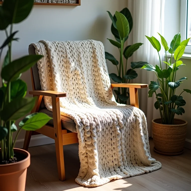 Manta de crochê pronta sobre cadeira em sala decorada