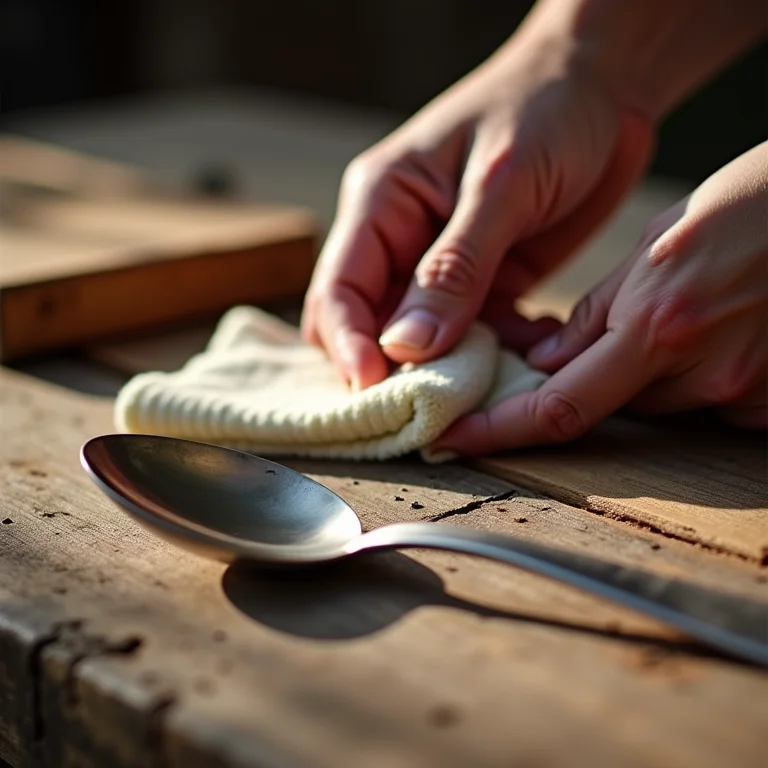 Mão limpando talher antigo com pano para preparo