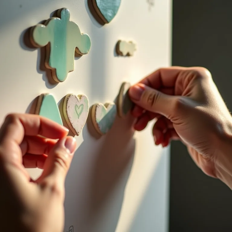 Mãos anexando imãs a formas de gesso pintadas para criar imãs de geladeira