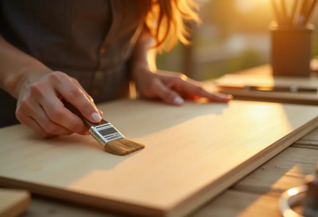 Mãos aplicando verniz em MDF para lembrancinha de casamento
