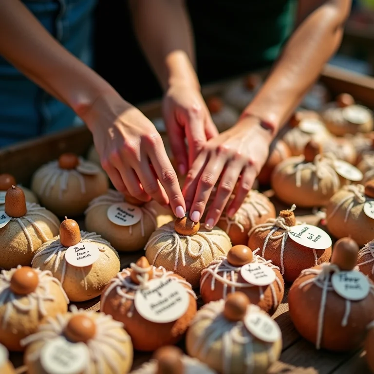 Mãos arrumando lembrancinhas artesanais para venda