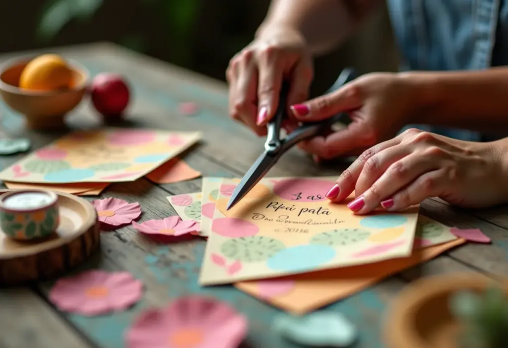 Mãos artesãs criando convites Patati Patatá