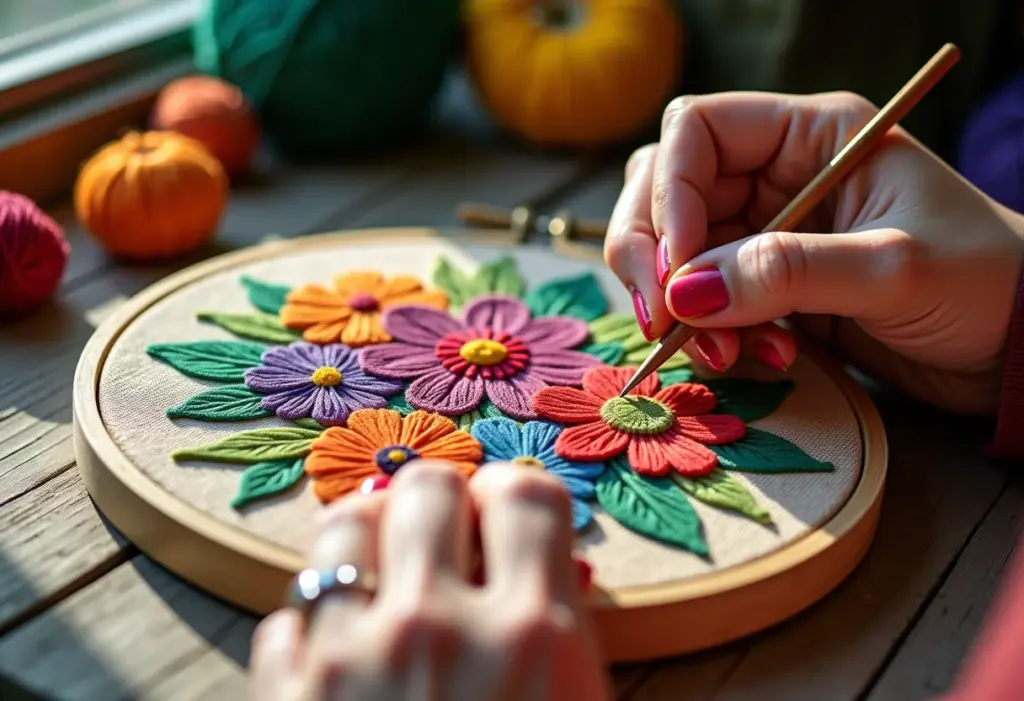 Mãos bordando desenho floral em ponto russo sob luz natural