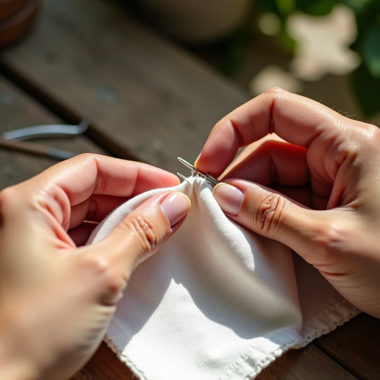 Mãos bordando ponto cruz básico em etamine