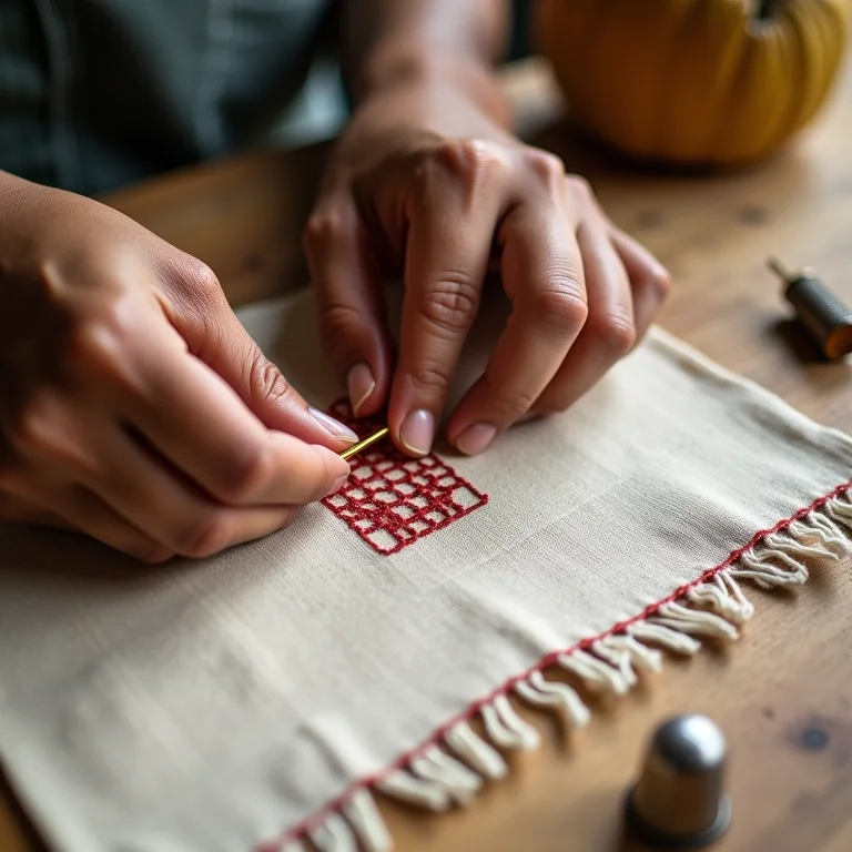 Mãos bordando ponto cruz fácil em etamine