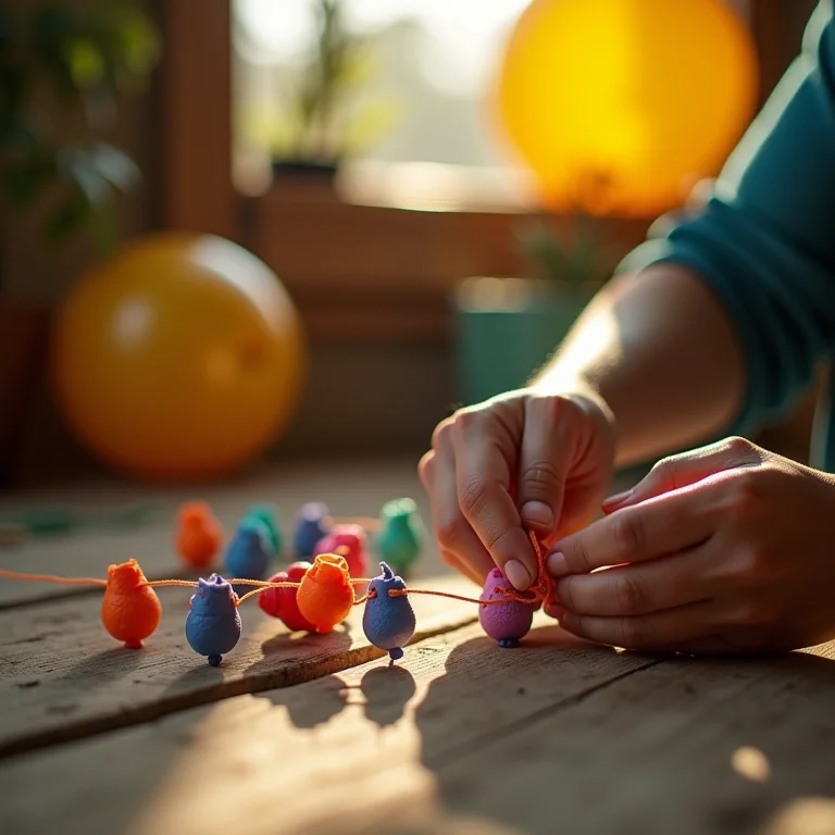 Mãos colando brinquedos em balões para lembrancinha