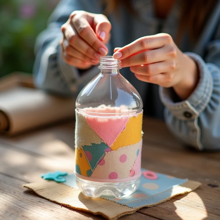 Mãos colando retalhos em estrutura de garrafa PET