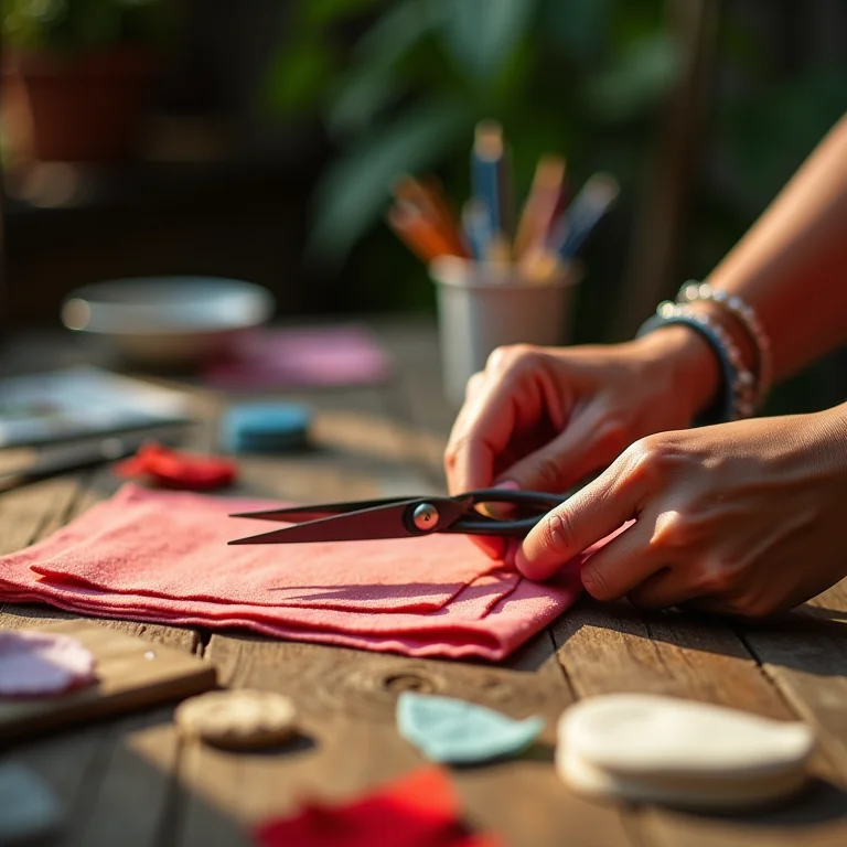 Mãos cortando feltro para lembrancinhas de chá de bebê.