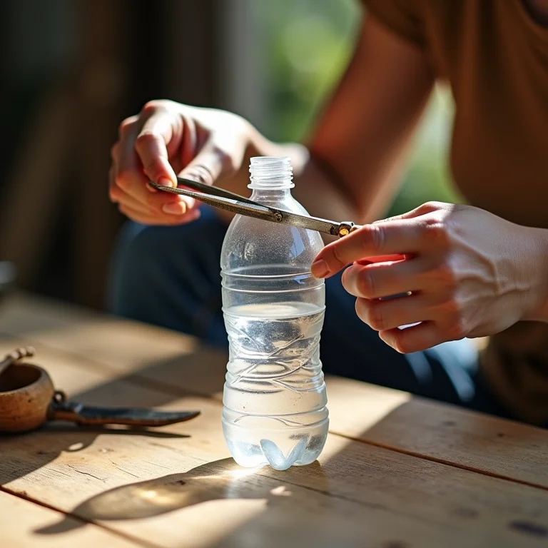 Mãos cortando garrafa PET para artesanato