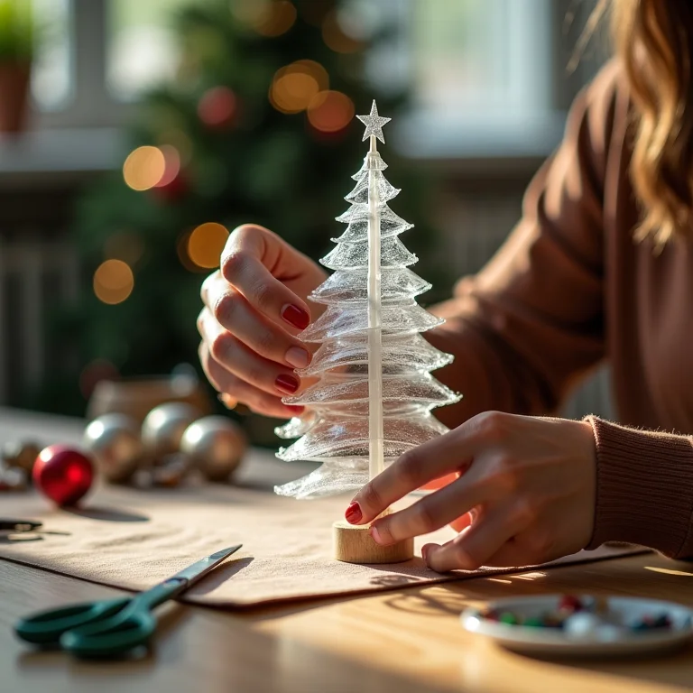 Mãos cortando garrafa PET para fazer árvore de Natal