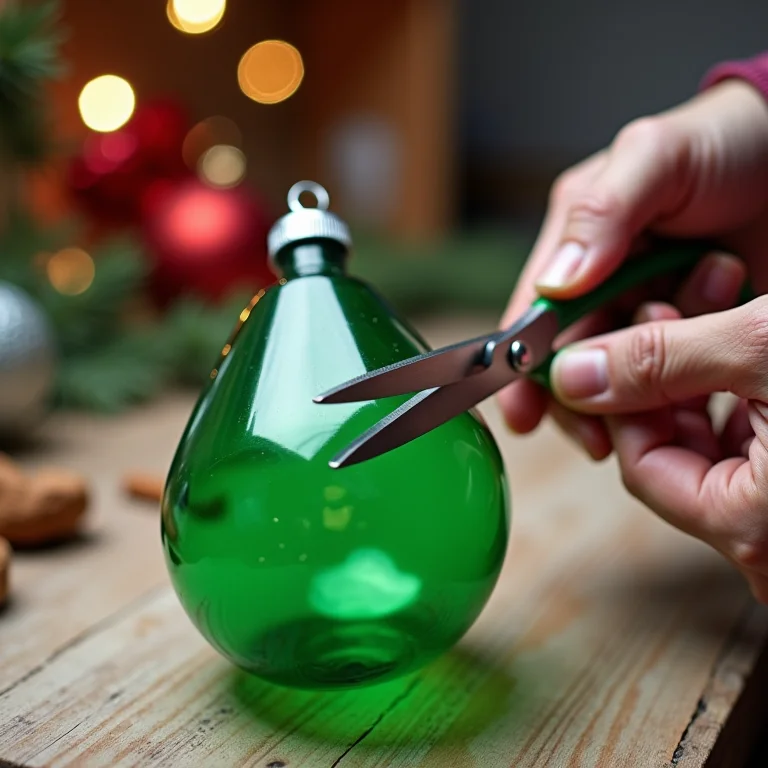 Mãos cortando garrafa PET verde para criar enfeite de Natal