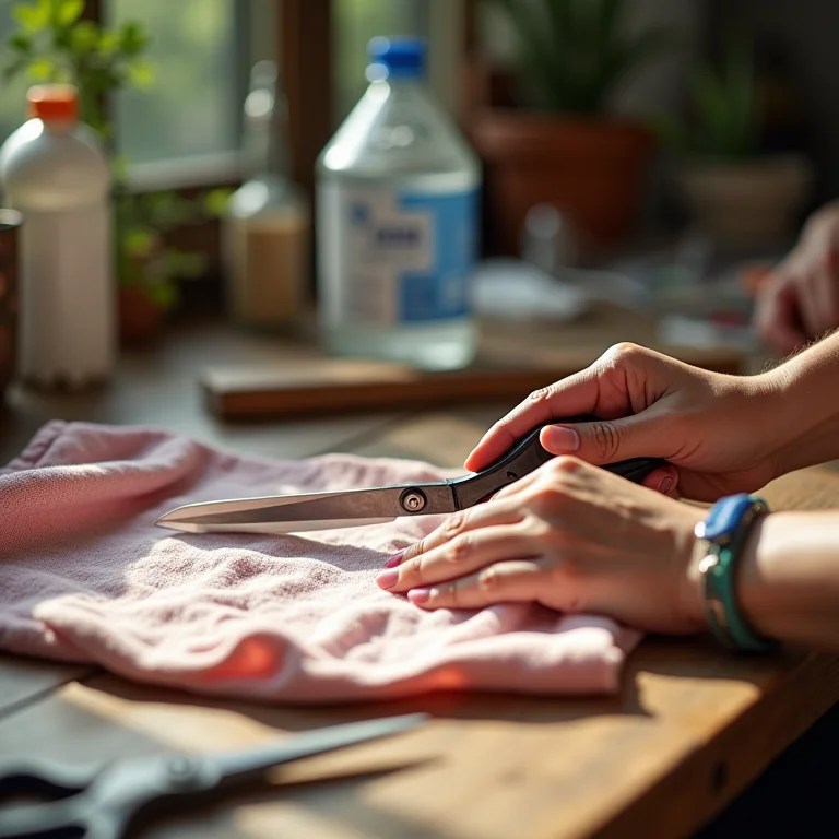 Mãos cortando tecido para fazer puff de garrafa PET