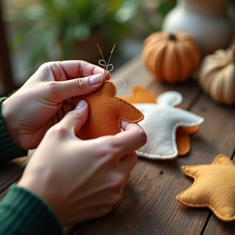 Mãos costurando anjinho de feltro para lembrancinha