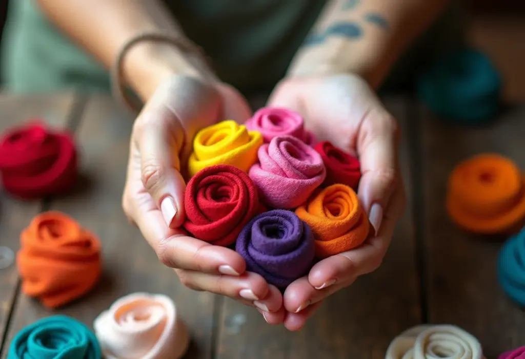 Mãos costurando fuxicos coloridos para peso de porta