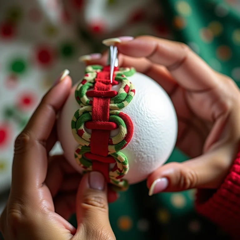 Mãos costurando retalhos de tecido em bola de isopor para enfeite de Natal