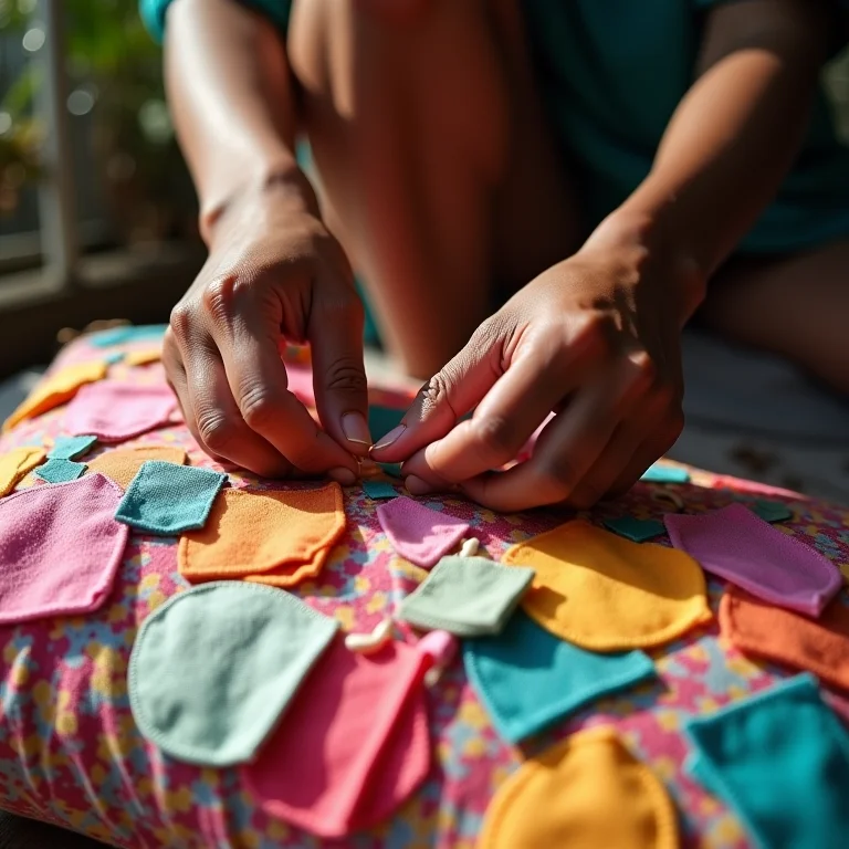 Mãos costurando retalhos em almofada DIY