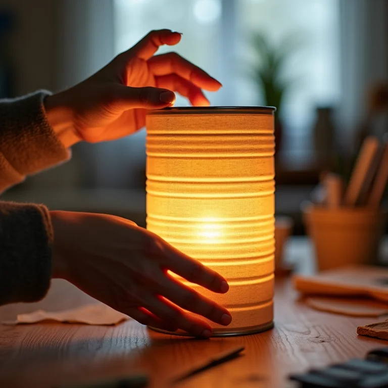 Mãos criando luminária diferenciada com lata de leite