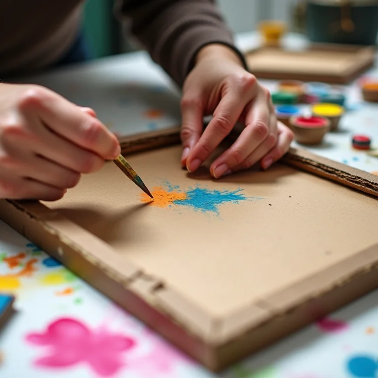 Mãos criando quadro com moldura de papelão reciclado