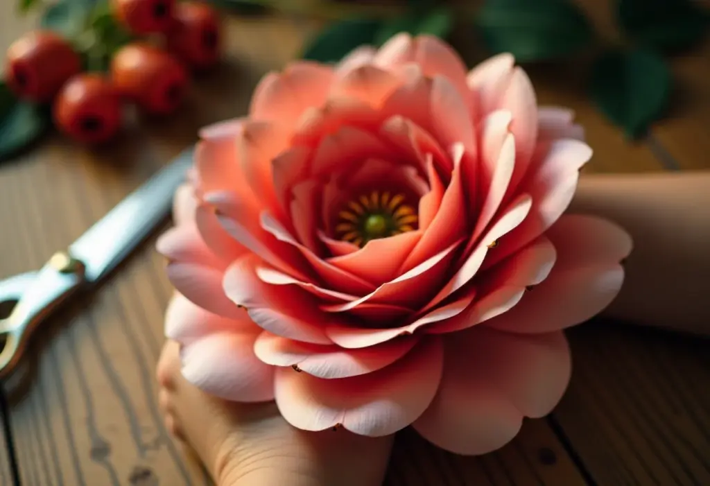 Flores de papel: 5 ideias LINDAS e fáceis para decorar! Mãos criando rosa de papel crepom com tesoura vintage.
