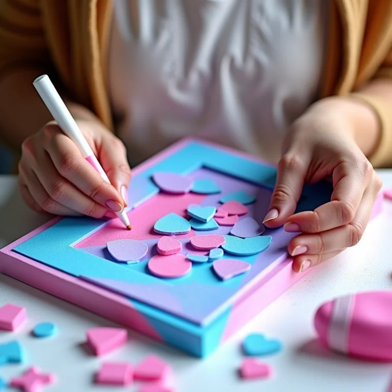 Mãos criando um porta retrato temático de festa em EVA