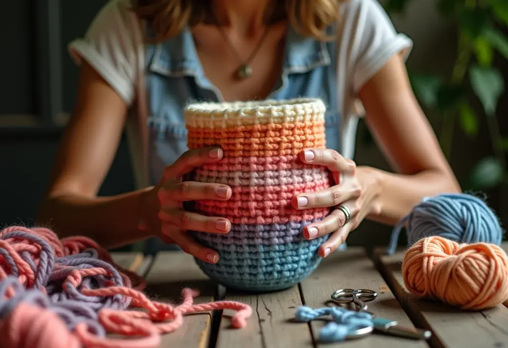 Mãos crocheteando capa de vaso colorida