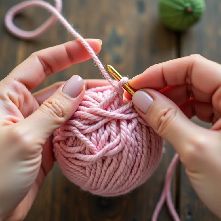 Mãos crocheteando ponto baixo com fio rosa claro