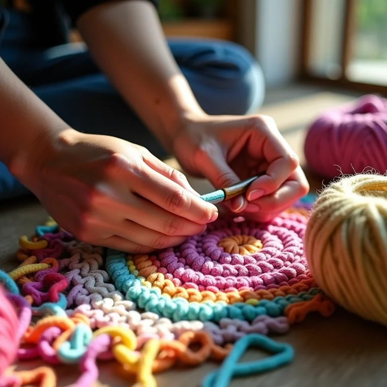 Mãos crocheteando tapete colorido de barbante.