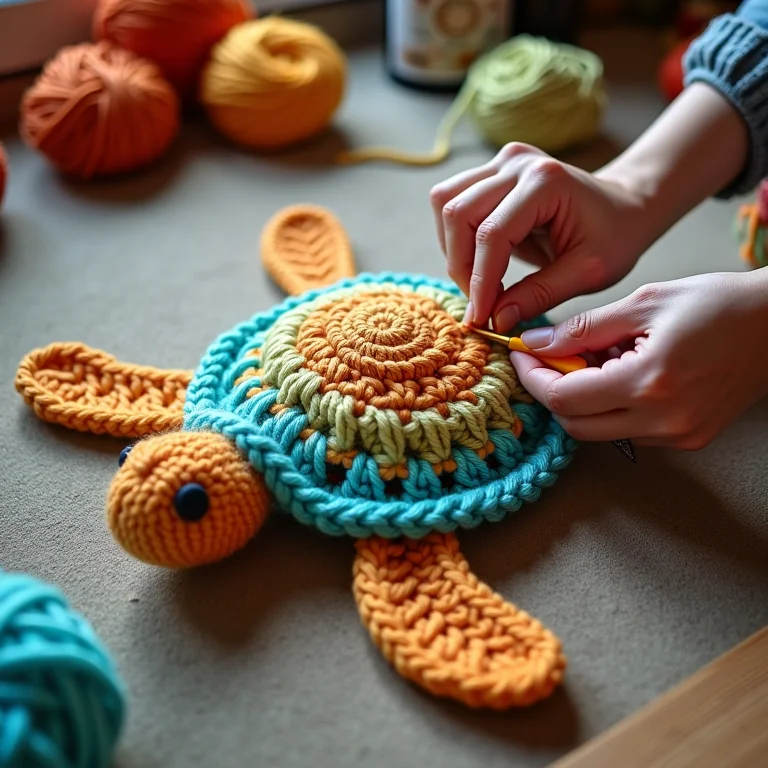 Mãos crocheteando tapete em formato de tartaruga