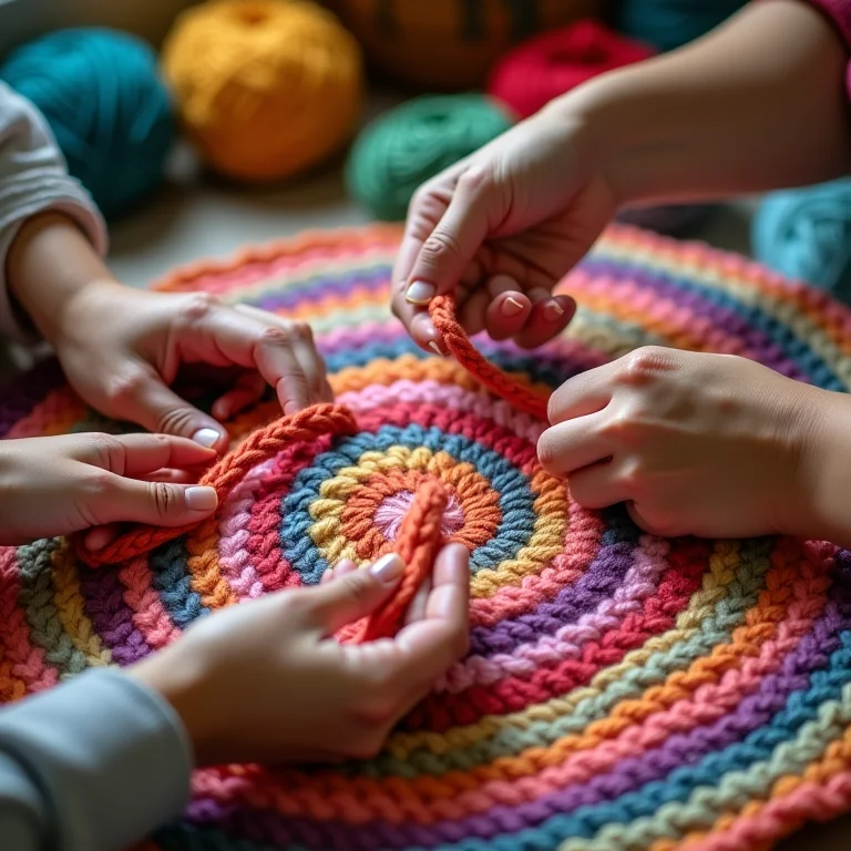 Mãos crocheteando tapete redondo