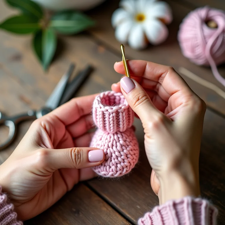Mãos crochetedando botinha rosa para bebê.