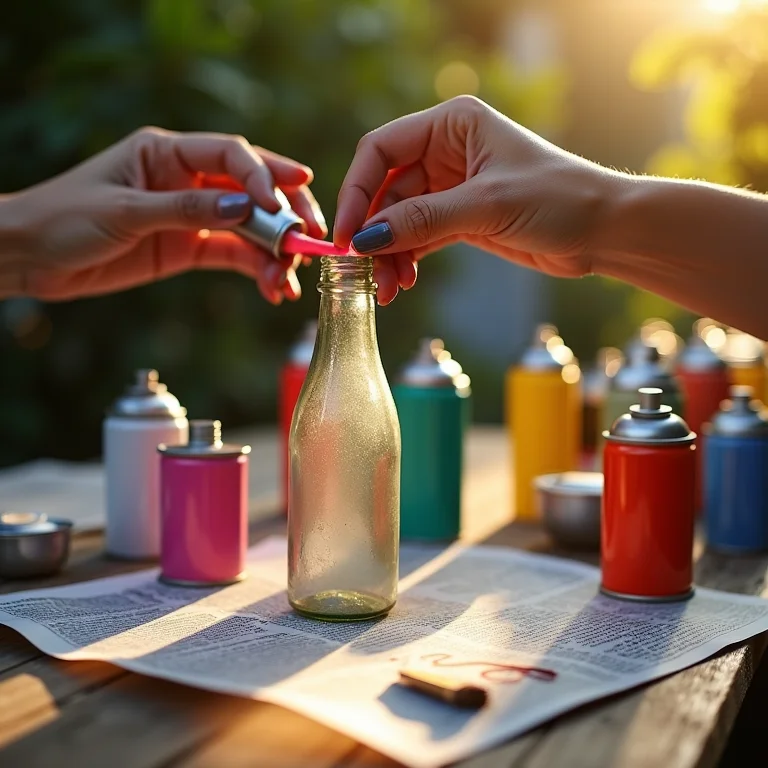 Mãos customizando garrafa com tinta spray colorida.