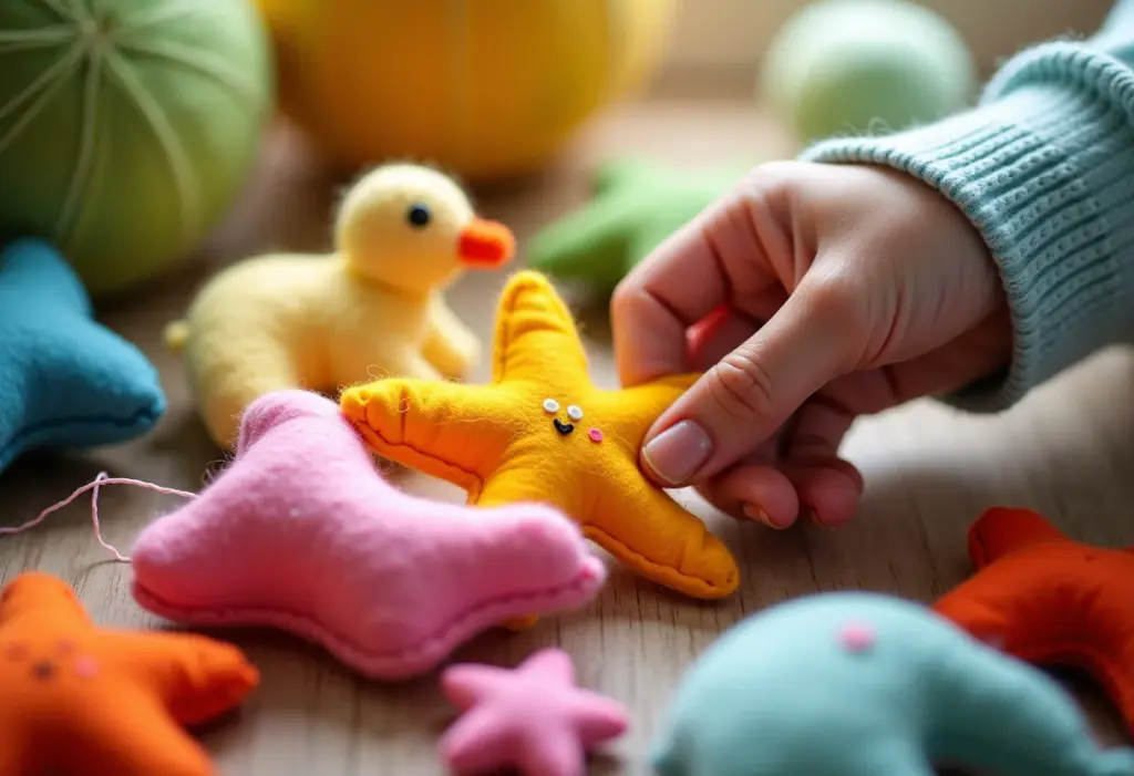 Mãos de artesã costurando brinquedos de feltro coloridos para bebê