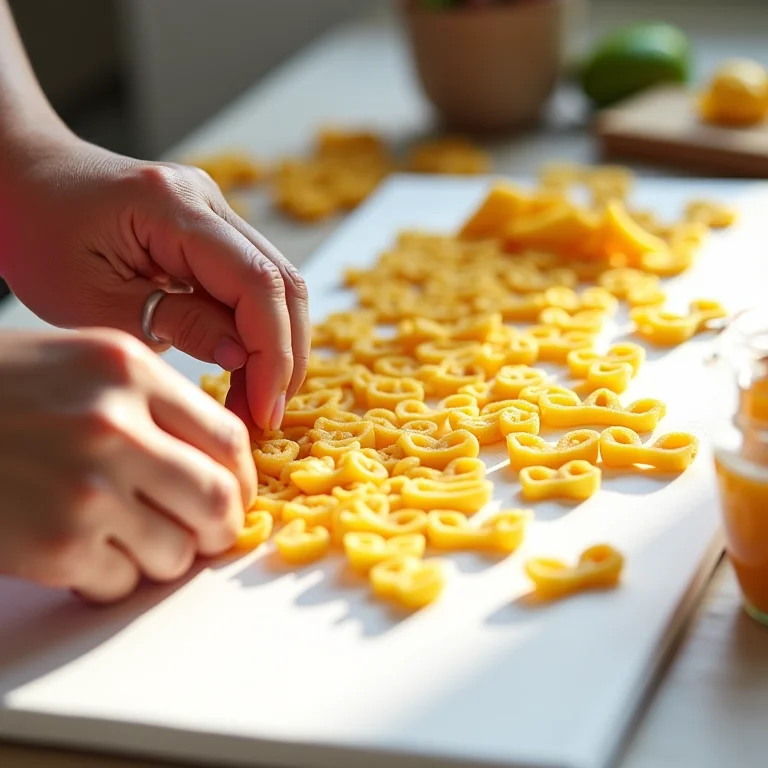 Mãos de artesã criando quadro texturizado com macarrão