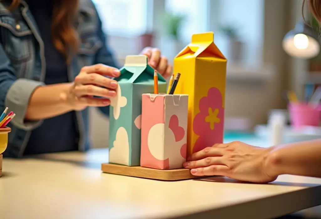 Artesanato com caixa de leite: guia GRÁTIS para iniciantes Mãos de artesã criando um porta-trecos colorido com caixas de leite recicladas