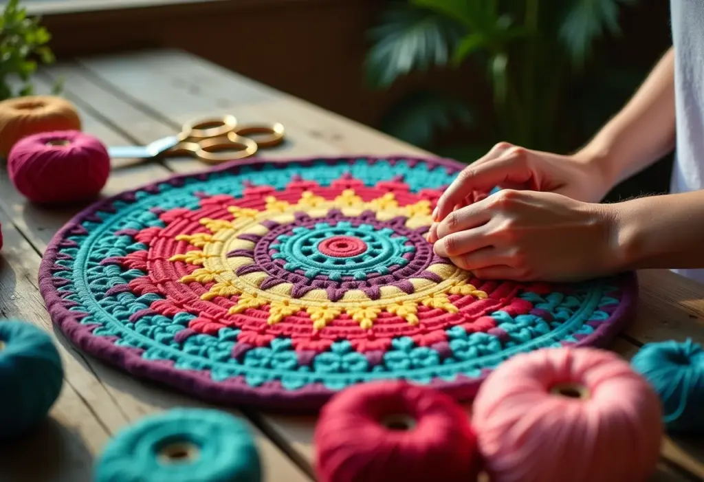 Tapete Crochê Redondo: 7 ideias LINDAS para sua casa ✨ Mãos de artesã crocheteando tapete redondo colorido