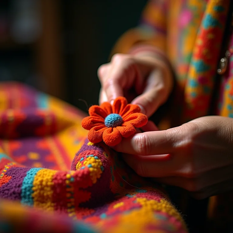 Mãos de artesã indígena costurando fuxico colorido